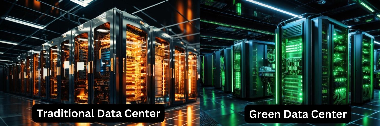 Traditional data center vs green data center: A side-by-side comparison of energy-intensive infrastructure versus eco-friendly, sustainable technology.