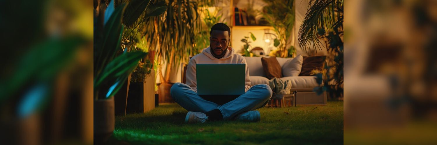 A man sitting on grass, working on a laptop.